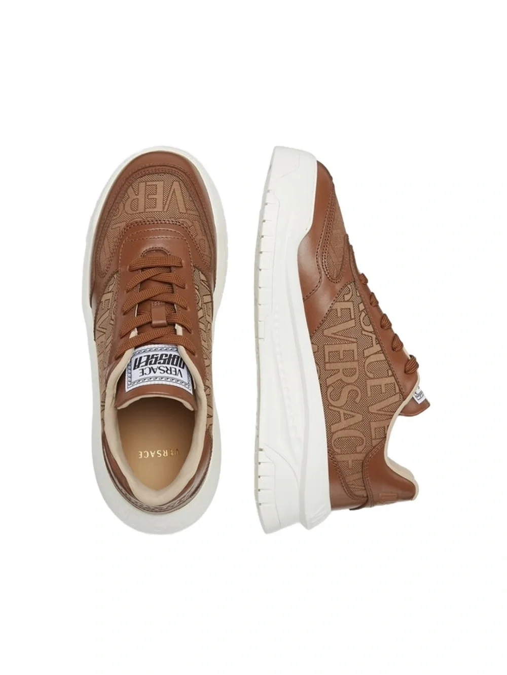 Versace AllOver Logo Odissea Low-Top Men’s Sneakers, Beige/Brown, NEW, Size 42.5